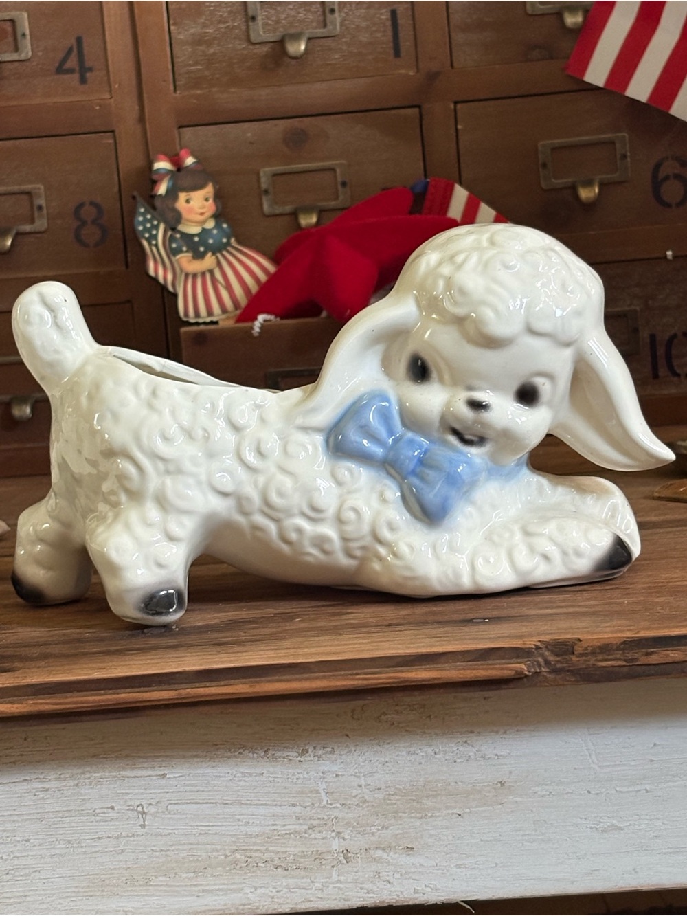 White Ceramic Lamb Planter with Blue Bow - Home Accents